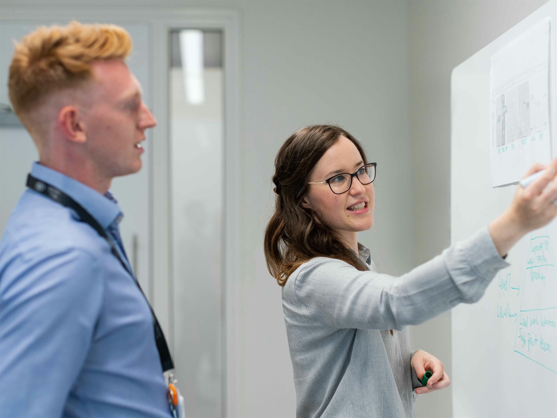 Engineers reviewing project plans on a whiteboard